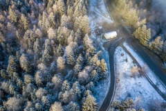 Arette,La hetraie sapinière enneigée au col de Labays (vue aérienne)//Arette, The snow-covered fir beech forest at the Col de Labays (aerial view)
