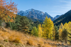 Aragon, Espagne, Valle de Chistau, Viados, automne, foret, le pic de Posets, sommet, vu du le refuge de Viadós