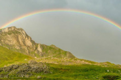 Laruns, arc en ciel et vaches en estives en montagne au col du Pourtalet//Laruns, rainbow and cows in mountain pastures at Col du Pourtalet