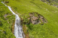 une cascade et des brebis en montagne au Pays Basque (vue aérienne)//a waterfall and sheep in the mountains in the Basque Country (aerial view)